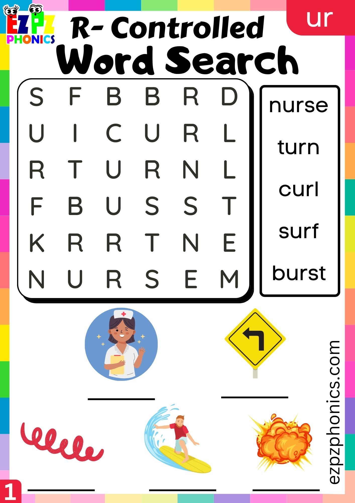 Word search worksheet for ur words R Controlled Vowels group 1